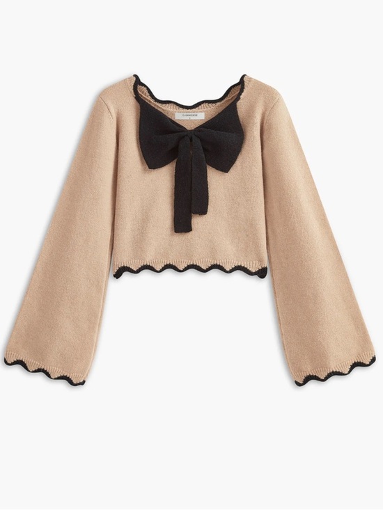 Commense Sweaters - Commense Contrast Wave Trim Bow Crop Sweater